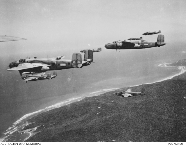 North American B-25 Mitchell medium bombers of No. 18 (NEI) Squadron over the coast near Darwin circa 1943