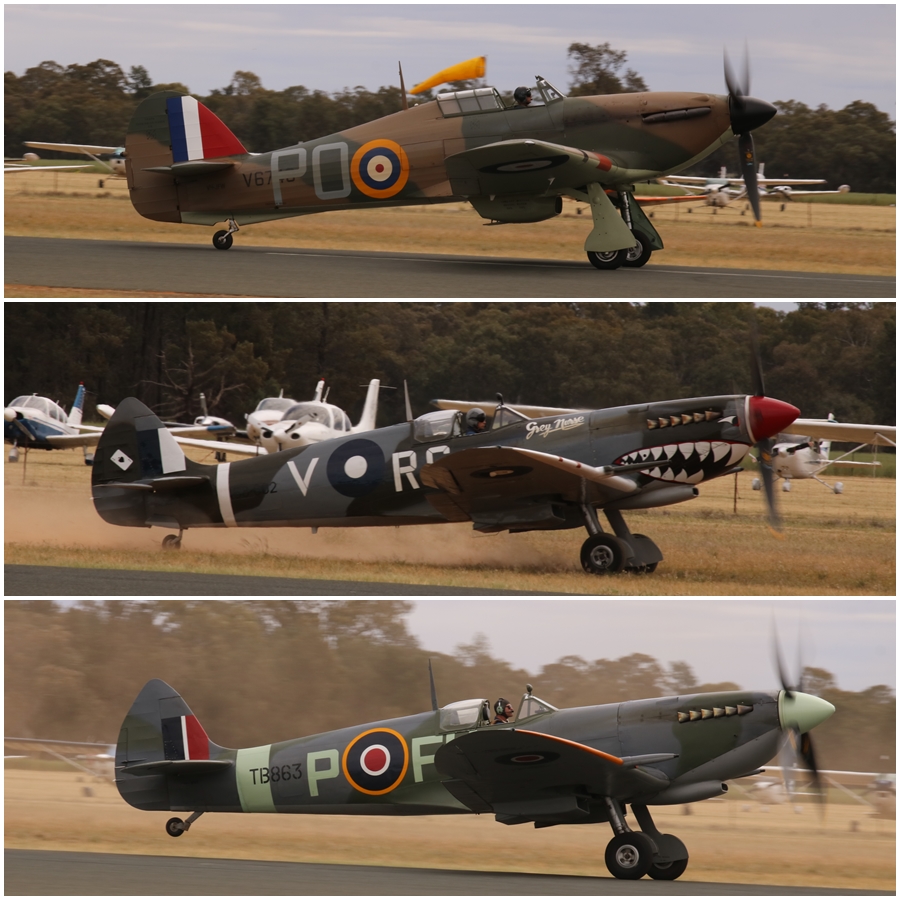 Vintage Fighter Restorations Hawker Hurricane Mk. XII amd Temora Aviation Museum Supermarine Spitfires Mk.VIII and Mk.XVI - Warbirds Downunder 2018 (Day Two)