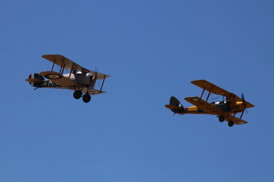 Sopwith Snipe replica scout fighter and de Haviiland DH.82 Tiger Moth trainer - RAAF Museum WW1 flying display - RAAF Point Cook, Remembrance Day 2018