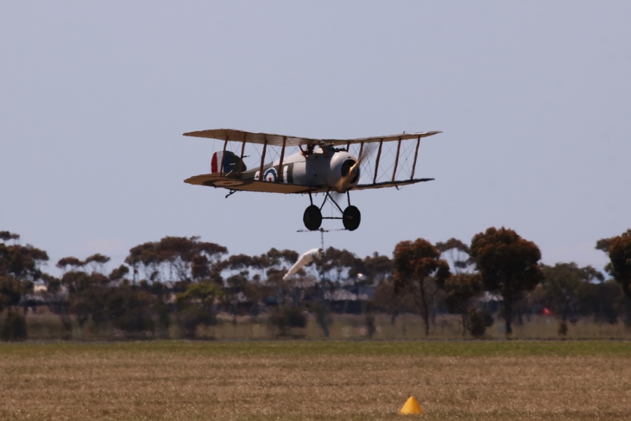 Sopwith Snipe replica landing at RAAF Point Cook, Remembrance Day 2018