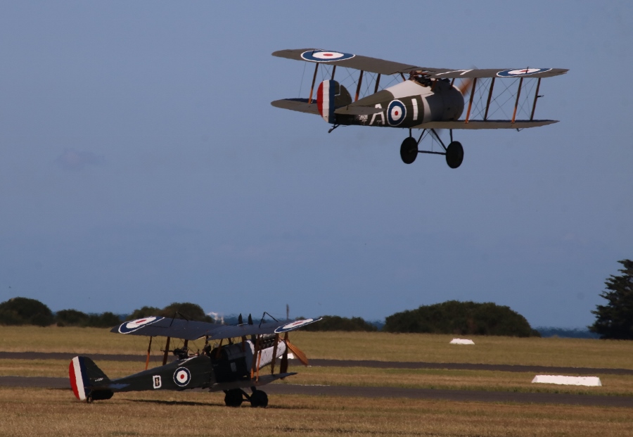 The Sopwith Snipe replica takes off past the R.E.8 - RAAF Point Cook, Remembrance Day 2018